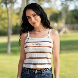 X‑Girl ✦ Pure Logo Striped Crop Cami Tank ✦ Red White Ribbed Cotton Streetwear S